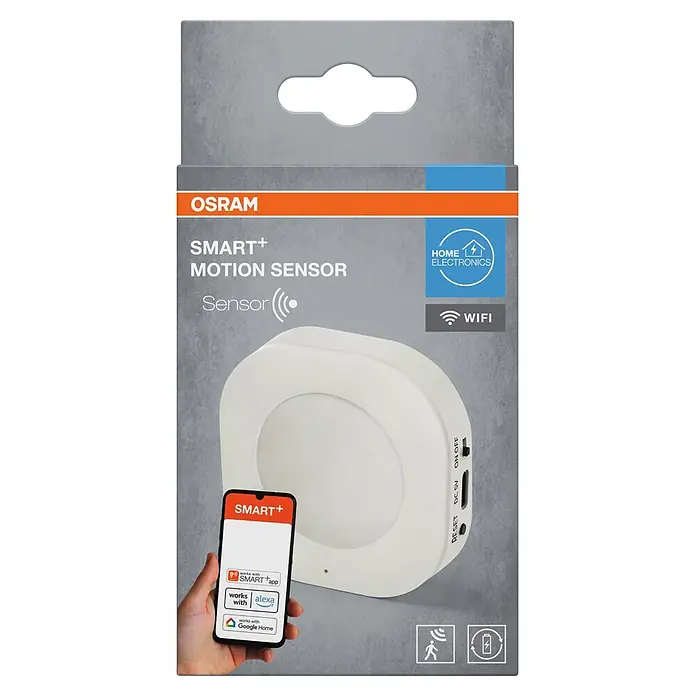 Osram Smart+ Bewegungsmelder - Weiß - OSRAM SMART+ Bewegungssensor-Verpackung mit weißem Sensor und Smartphone, das Smart Home-App-Integrationen zeigt.
