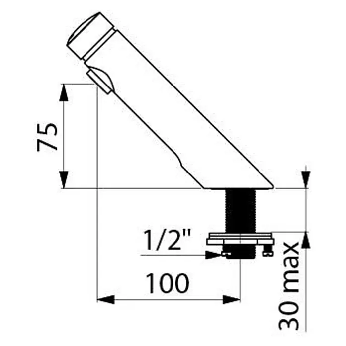 Delabie Waschtischarmatur Delabie - Chrom - Technische Zeichnung: abgewinkelter, zylindrischer Wasserauslauf mit 1/2"-Anschluss und Installationsmaßen.