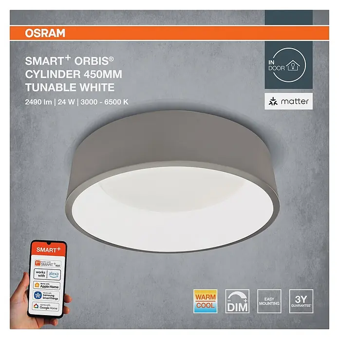 Ledvance Smart+ WiFi LED-Deckenleuchte rund Cylinder - 24 W, Ø x H: 450 x 134 mm, Grau - Graue zylindrische smarte LED-Deckenleuchte, Smart Home-kompatibel.