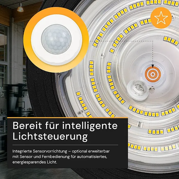 Enovalite LED-Strahler LED-Hallenstrahler - 100 W, 16.000 lm, 4.000 K, IP65 - Runde LED-Leuchte mit integriertem Bewegungssensor & Anschluss für intelligente Steuerung.
