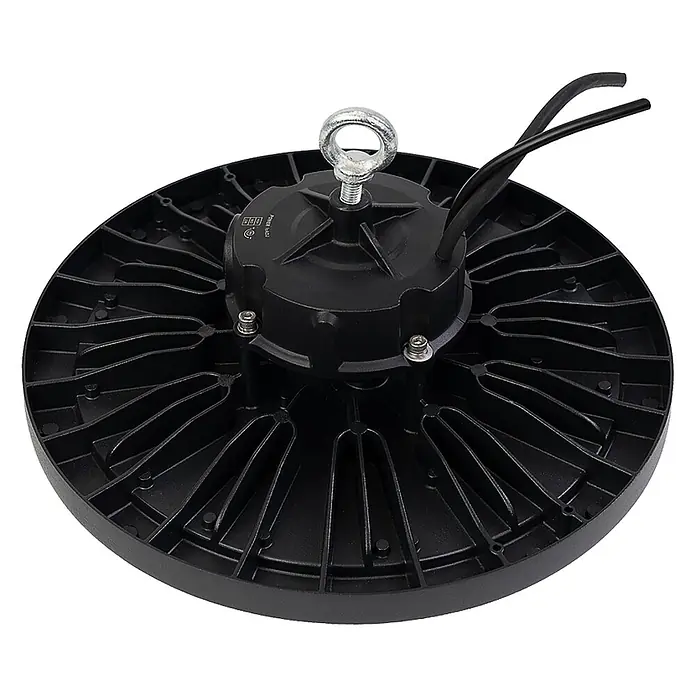 Enovalite LED-Strahler LED-Hallenstrahler - 200 W, 32.000 lm, 4.000 K, IP65 - Schwarze, runde LED-Hallenleuchte mit geripptem Kühlkörper, Ringschraube und Stromkabeln.