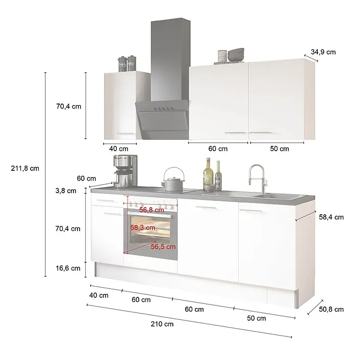 Optifit Küchenleerblock Bengt932 - Breite: 210 cm, Weiß, Ohne Elektrogeräte - Weiße Küchenzeile mit Backofen, Kochfeld, Spüle, Kaffeemaschine und Dunstabzugshaube, mit Maßangaben.
