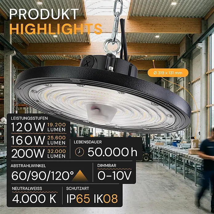 Enovalite LED-Strahler LED-Hallenstrahler - 200 W, 32.000 lm, 4.000 K, IP65 - Schwarze LED-Hallenleuchte, in einem Lager aufgehängt, mit hervorgehobenen technischen Spezifikationen.