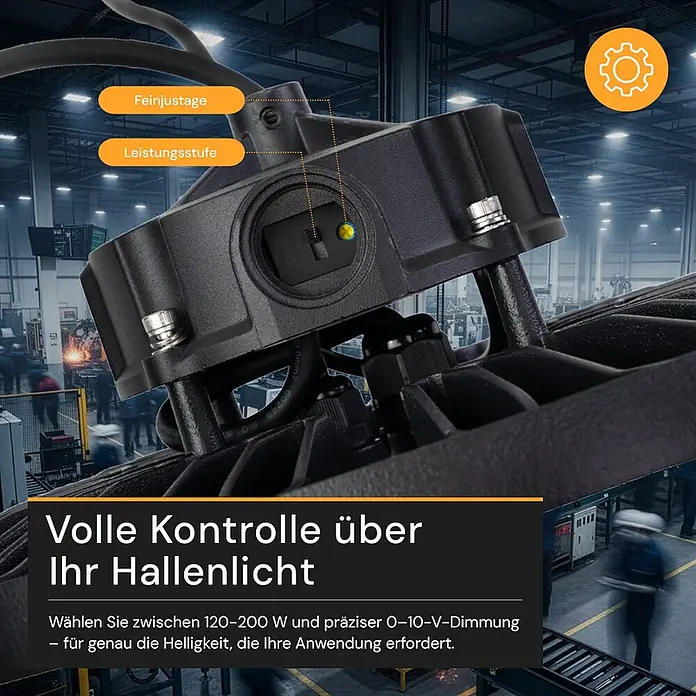 Enovalite LED-Strahler LED-Hallenstrahler - 200 W, 32.000 lm, 4.000 K, IP65 - Nahaufnahme einer schwarzen Industriedeckenleuchte mit einstellbaren Leistungs- und Dimmreglern in einer Fabrikumgebung.