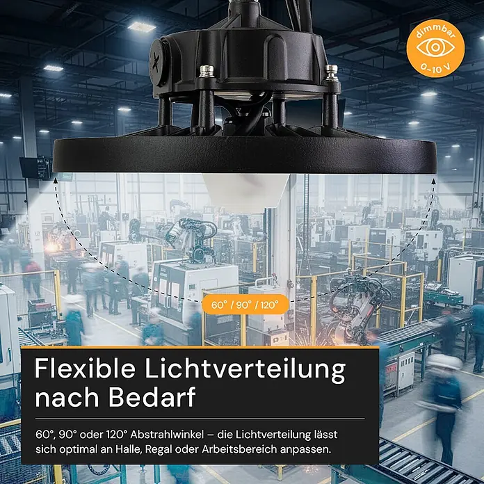 Enovalite LED-Strahler LED-Hallenstrahler - 100 W, 16.000 lm, 4.000 K, IP65 - Schwarze Industrieleuchte in einer Fabrikhalle mit flexibler Lichtverteilung und Dimmfunktion.
