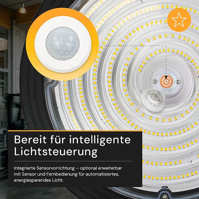 Enovalite LED-Strahler LED-Hallenstrahler - 200 W, 32.000 lm, 4.000 K, IP65 - Runde LED-Leuchte mit integriertem Bewegungssensor und Text zur intelligenten Lichtsteuerung.