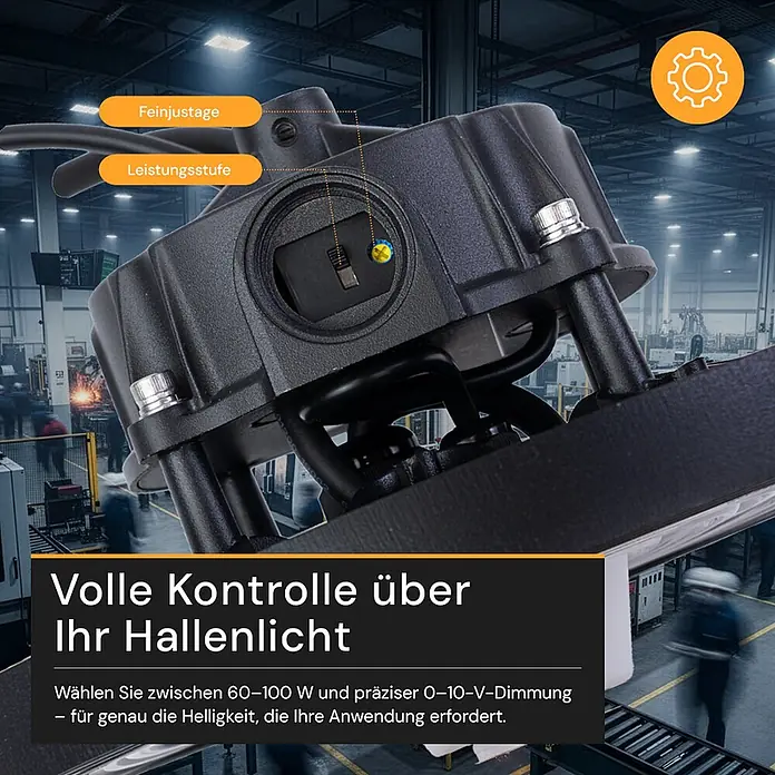 Enovalite LED-Strahler LED-Hallenstrahler - 100 W, 16.000 lm, 4.000 K, IP65 - Nahaufnahme der Steuerungseinheit einer schwarzen Industrie-Hallenleuchte, mit Schaltern für Leistungsstufe und Feinjustage in einer Fabrik.