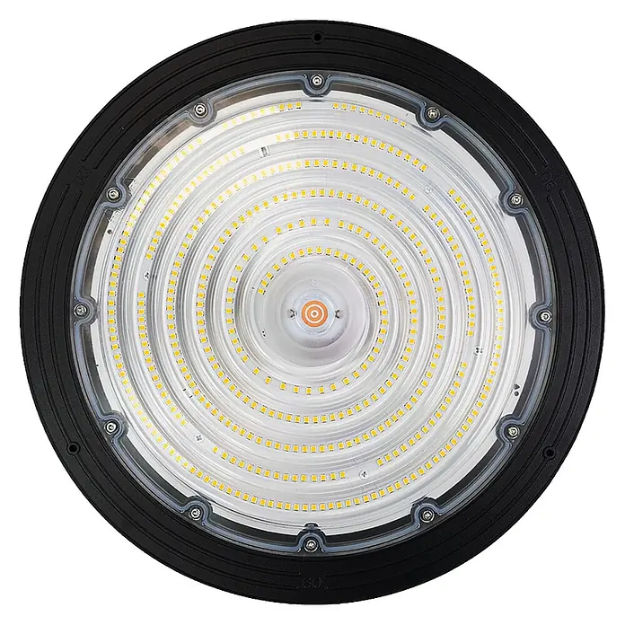 Enovalite LED-Strahler LED-Hallenstrahler - 200 W, 32.000 lm, 4.000 K, IP65 - Rundes schwarzes LED-Hallenstrahler mit klarer Abdeckung, die konzentrische Ringe kleiner, gelber LED-Chips zeigt.