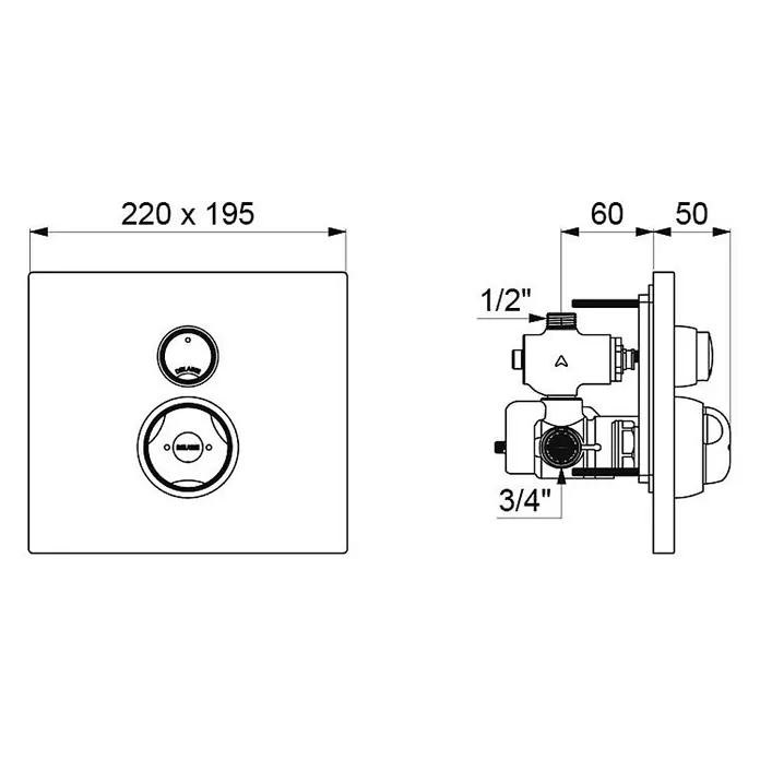 Delabie SECURITHERM DU-Therm Selbstschluss-Duscharmatur Unterputz 30 Sek Set 2/2 -  - Technisches Diagramm eines Unterputz-Duschmischers mit rechteckiger Blende (220x195mm), zwei runden Bedienelementen und 1/2", 3/4" Sanitäranschlüssen.
