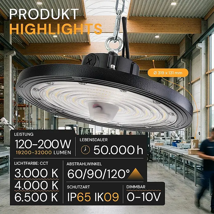 Enovalite LED-Strahler LED-Hallenstrahler - 200 W, 32.000 lm, 4.000 K, IP65 - Schwarze runde LED-Hallenleuchte, in einem großen Industrielager aufgehängt.