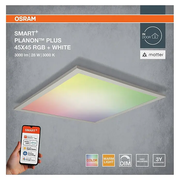 Osram Smart+ LED-Panel Planon Plus - L x B x H: 45 x 45 x 5,6 cm, Weiß, RGBW - OSRAM SMART+ PLANON™ PLUS 45x45 RGB+White smartes LED-Deckenpanel, farbiges Licht ausstrahlend, steuerbar per Smart Home Apps.
