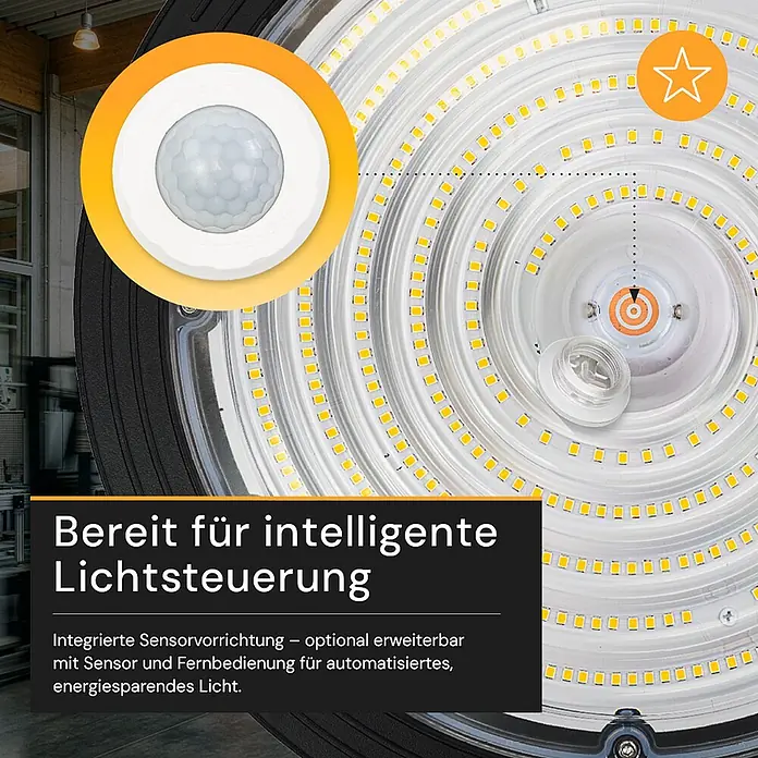 Enovalite LED-Strahler LED-Hallenstrahler - 200 W, 32.000 lm, 4.000 K, IP65 - Nahaufnahme einer runden LED-Hallenleuchte mit gelben LEDs, zeigt integrierten Sensoranschluss und Bewegungssensor für intelligente Lichtsteuerung.