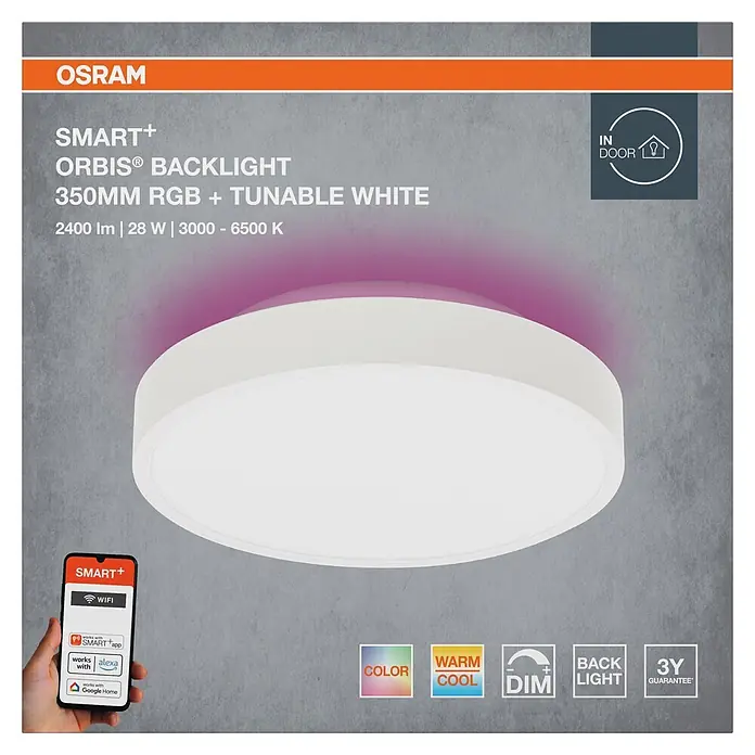 Ledvance LED-Deckenleuchte rund - 28 W, Ø x H: 35 x 9 cm, Weiß, RGBW - Weißes rundes smartes LED-Deckenlicht mit RGB und abstimmbarem Weiß-Backlight. Verpackung zeigt App- und Sprachassistenten-Steuerung.