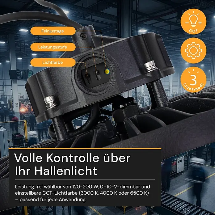 Enovalite LED-Strahler LED-Hallenstrahler - 200 W, 32.000 lm, 4.000 K, IP65 - Nahaufnahme einer schwarzen Industrie-Hallenleuchte mit sichtbaren Bedienelementen für Leistung, Feineinstellung und Lichtfarbe (CCT).