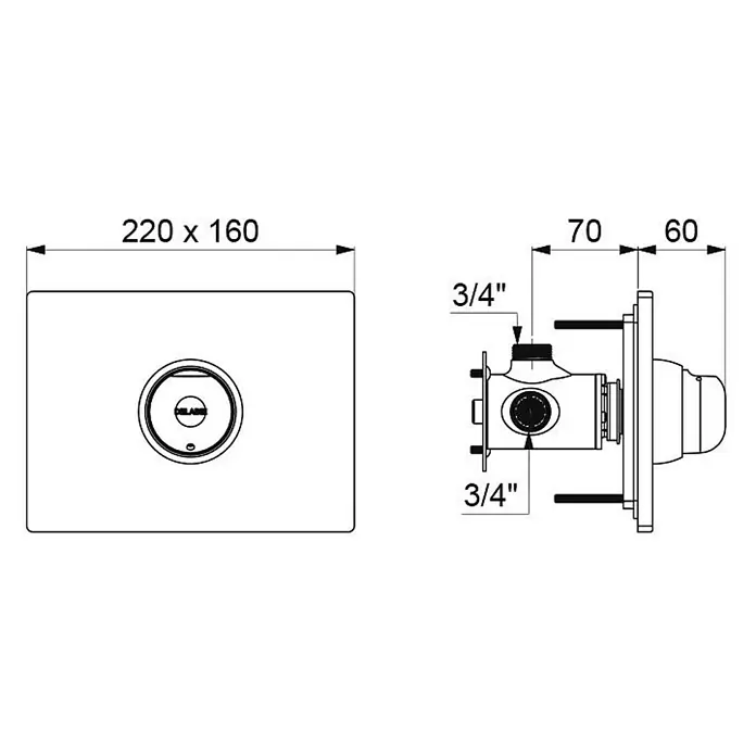 Delabie UP-Selbstschlussarmatur Delabie DU-Selbstschl.MBatt.TEMPOMIX UP dicht Set 2/2 - f.790BOX - Technische Zeichnung eines Unterputz-Brausemischers: Frontplatte (220x160mm), Seitenansicht mit 3/4" Anschlüssen, Einbautiefe (70+60mm).