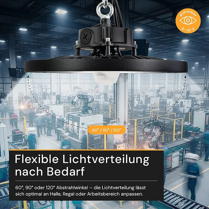 Enovalite LED-Strahler LED-Hallenstrahler - 200 W, 32.000 lm, 4.000 K, IP65 - Schwarze LED-Hallenleuchte in einer Fabrik, zeigt einstellbare Abstrahlwinkel (60°, 90°, 120°) und 0-10V Dimmbarkeit.