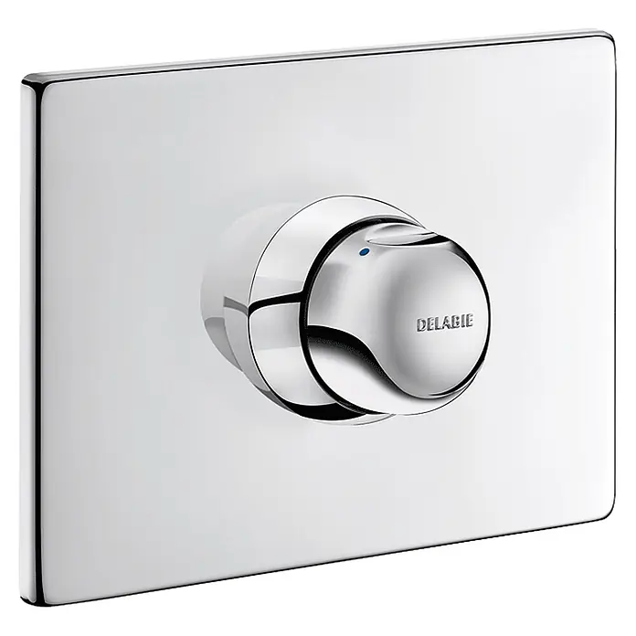 Delabie UP-Selbstschlussarmatur Delabie DU-Selbstschl.MBatt.TEMPOMIX UP dicht Set 2/2 - f.790BOX - Verchromte quadratische Dusch-/Armaturenblende mit rundem Griff und blauer Anzeige.