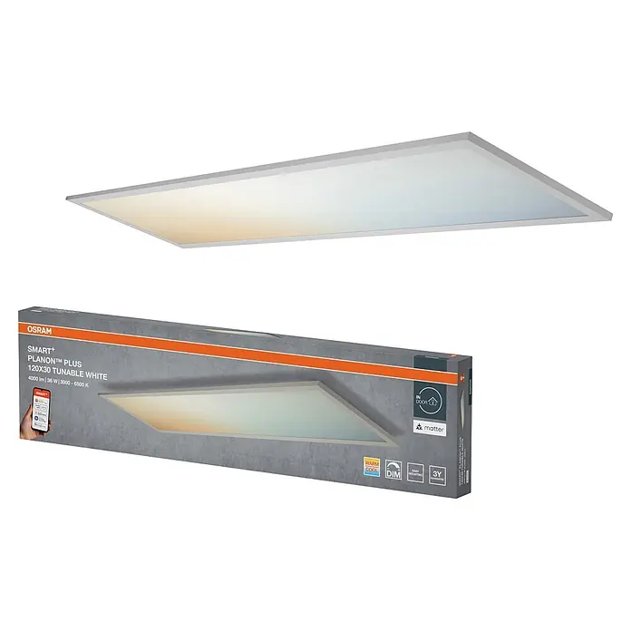 Ledvance Smart+ WiFi LED-Panel Planon Plus - 36 W, L x B x H: 120 x 30 x 5,6 cm, Weiß - Weißes OSRAM Smart+ PLANON™ PLUS 120x30 LED-Panel mit abstimmbarem Weißlicht und grauer/oranger Verpackung.
