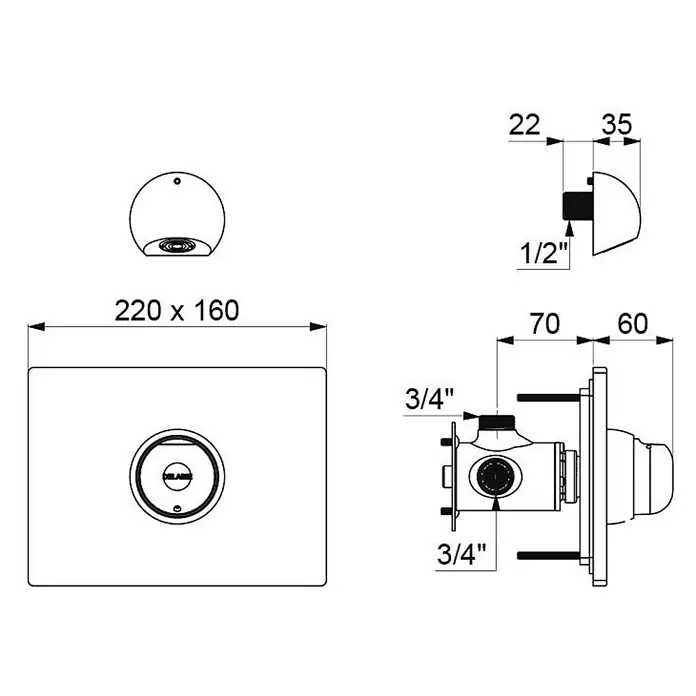 Delabie TEMPOMIX UP Selbstschluss-Duschkombination Set 2/2 ROUND - f.790BOX - Technische Zeichnung eines Unterputzmischers mit Maßen und 1/2", 3/4" Anschlüssen.