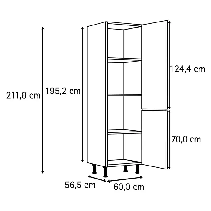 Optifit Optikomfort Küchen-Hochschrank Bengt932 - B x T x H: 60 x 58,3 x 211,8 cm, Weiß - Hoher Vorratsschrank mit zwei Türen und Einlegeböden, auf Füßen. Maße: H 211,8 cm, B 60,0 cm, T 56,5 cm.