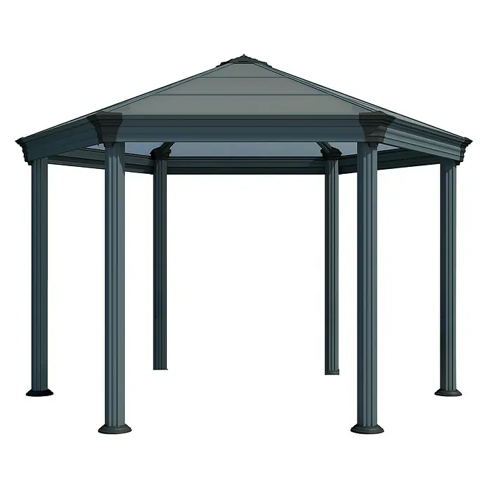 Palram – Canopia Standard-Pavillon Roma - B x T: 359 x 414,5 cm, Farbe Gestell: Anthrazit, Aluminium - Bild eines Pavillons mit dunklem Rahmen und Dach. Der Pavillon hat schlanke Säulen und ein elegantes Design.