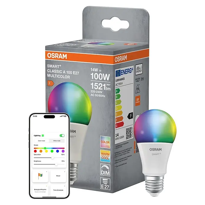 Osram Smart+ Smart-LED-Lampe matter - E27, Dimmbar, RGBW, 1.521 lm, 14 W - OSRAM Smart+ Multicolor LED-Lampe in Verpackung, daneben Smartphone mit App zur Steuerung von Farbe und Helligkeit.