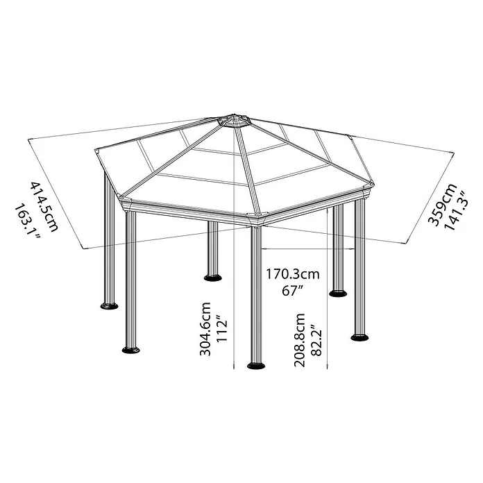 Palram – Canopia Standard-Pavillon Roma - B x T: 359 x 414,5 cm, Farbe Gestell: Anthrazit, Aluminium - Eine technische Zeichnung eines Pavillons mit Maßangaben in Zentimetern und Zoll.