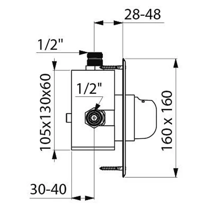 Delabie TEMPOMIX Selbstschluss-Duscharmatur G1/2B D14 UP mit Edelstahl-Abdeckplatte 160 x 160 -  - Technisches Datenblatt eines Unterputz-Ventilkörpers mit 1/2"-Anschlüssen und 28-48mm Einbautiefe.