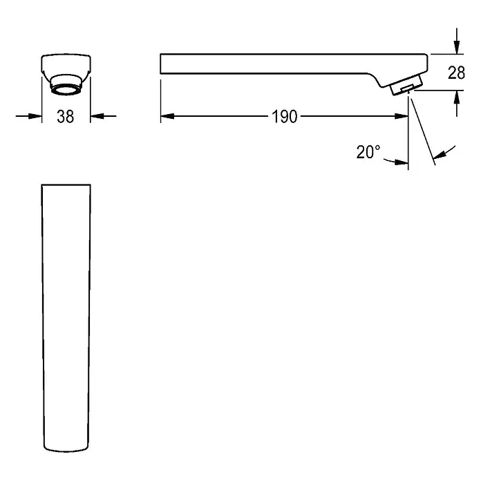 KWC UP-Ventil KWC AR Auslauf, F3, für UP-Armatur, 190 mm, Luftsprudler 3l, 2030051052 -  - Technische Zeichnung eines Wasserhahn-Sets mit Maßen: 190mm Auslauf, 38mm Griffbasis, 28mm Höhe und 20° Auslaufwinkel.