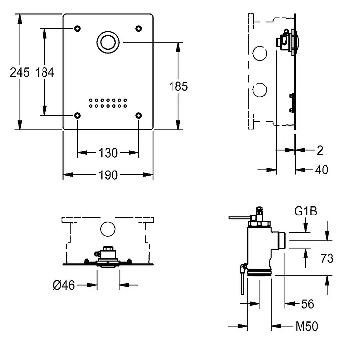 KWC UP-Ventil -  - Bemaßte technische Zeichnung einer rechteckigen Spülplatte mit Bedientasten und integriertem Ventilmechanismus mit G1B- und M50-Anschlüssen.