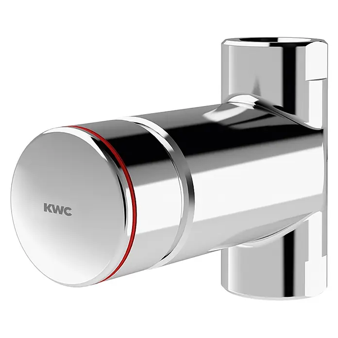 KWC UP-Selbstschlussarmatur KWC AR Durchgangsventil, F3, hydraulisch, ohne Mischung, Aufputz, 2xG1/2 - Poliert verchromt - Glänzender Chrom-Thermostat-Mischventil mit zylindrischem Griff, rotem Temperaturring und KWC-Logo.