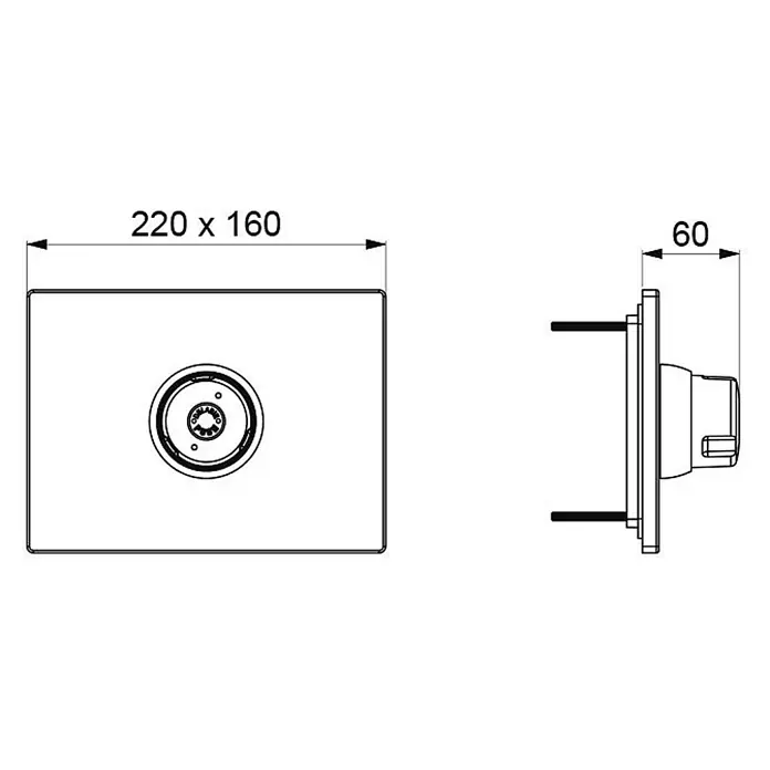 Delabie TEMPOSTOP UP Selbstschluss-Ventil 3/4" Unterputz Set 2/2, Abdeckplatte Edelstahl 160 x 220 mm -  - Technische Zeichnung einer rechteckigen Unterputz-Bedienplatte (220x160mm) mit zentralem Drehmechanismus, Tiefe 60mm.