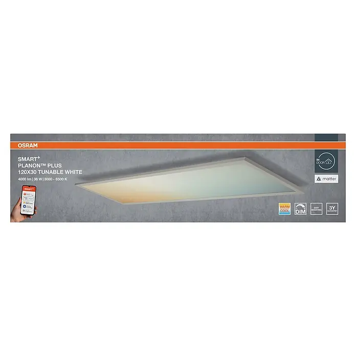 Ledvance Smart+ WiFi LED-Panel Planon Plus - 36 W, L x B x H: 120 x 30 x 5,6 cm, Weiß - Osram Smart+ Planon Plus 120x30 LED-Panel, abstimmbares Weißlicht von warm bis kühl, per Smartphone-App steuerbar.