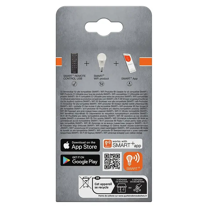 Osram Smart+ Fernbedienung USB - Passend für: Lichtsteuerung, Smart Home System, Schwarz - Verpackung eines SMART+ Smart-Home-Produkts mit Fernbedienung, WLAN-Glühbirne und App. Enthält App-Downloads und Recycling-Infos.