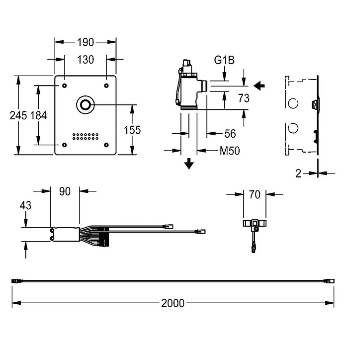 KWC UP-Ventil -  - Technische Zeichnung einer rechteckigen Steuerung mit Befestigungspunkten, Kabelanschlüssen und Abmessungen, inklusive 2000mm Kabel.