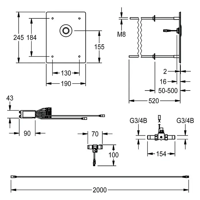 KWC UP-Ventil KWC AR Dg-Ventil, F5, elek., o. Mischung, Hinterwandmontage, 24 VDC -  - Technische Zeichnung von Duschsystemkomponenten: Bedienfeld, Mischventil mit G3/4B-Anschlüssen, Montage und flexible Verbindungen.