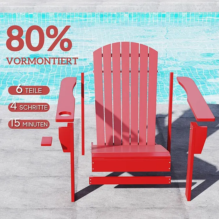 Outsunny Gartenstuhl Adirondack - 1 Stk., Tannenholz, Rot - Teilweise montierter roter Adirondack-Stuhl am Pool, 80% vormontiert, 6 Teile, 4 Schritte, 15 Minuten.
