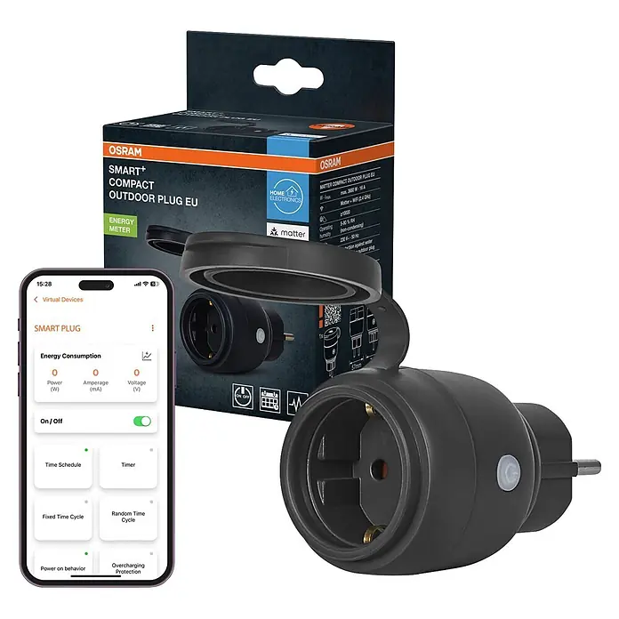 Osram Smart-Steckdose mit Deckel matter - Außen, IP44, Schwarz, 16 A, 1 Stk. - Schwarzer OSRAM Smart+ Kompakt Outdoor-Stecker EU mit Verpackung und Smartphone-App zur Energiemessung und Steuerung.