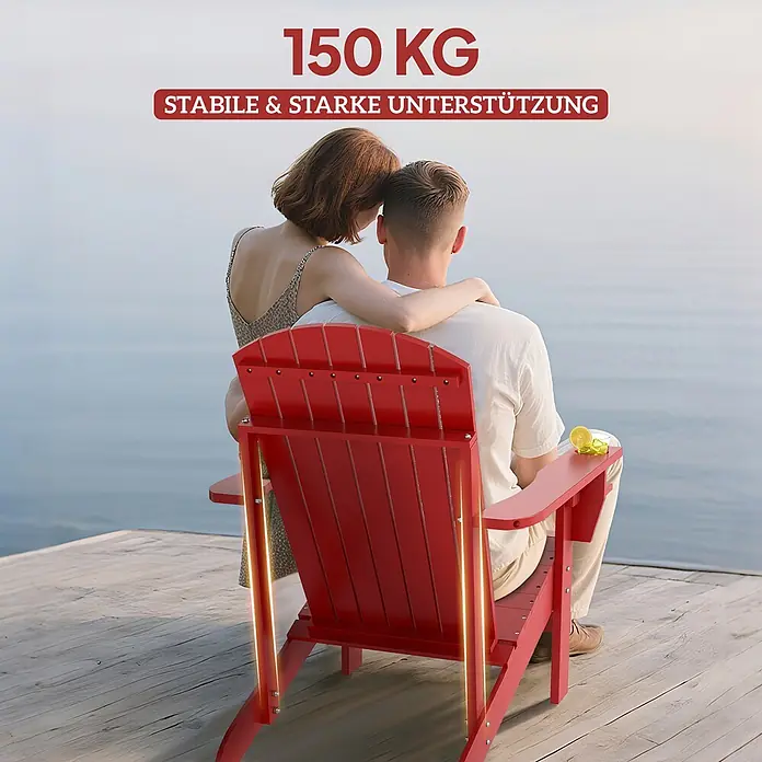 Outsunny Gartenstuhl Adirondack - 1 Stk., Tannenholz, Rot - Roter Adirondack-Stuhl auf einem Steg, der zwei Personen stabil und stark mit bis zu 150 kg trägt.