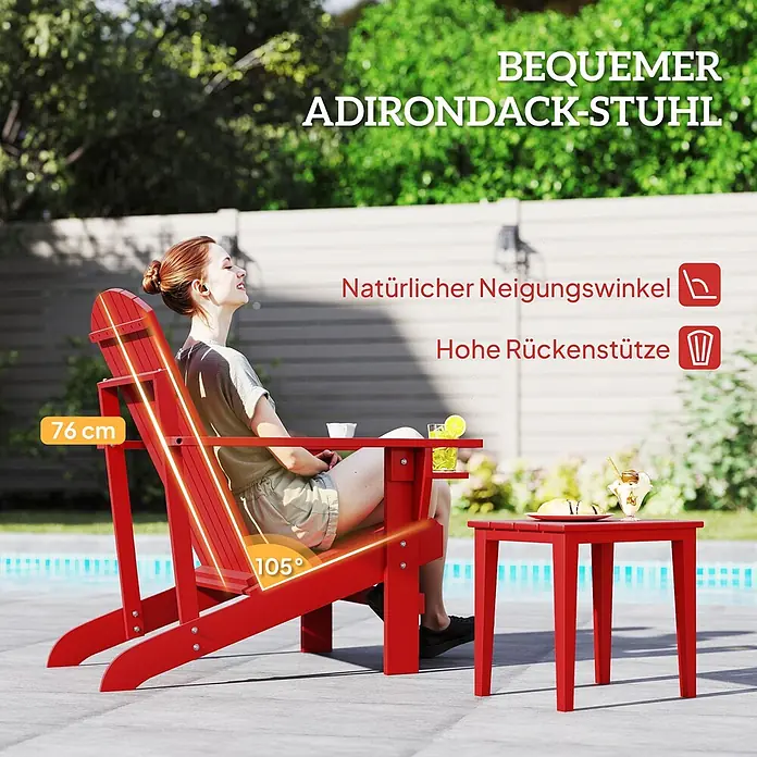 Outsunny Gartenstuhl Adirondack - 1 Stk., Tannenholz, Rot - Roter Adirondack-Stuhl mit hoher Rückenlehne (76 cm) und 105° Neigung, dazu passender Beistelltisch am Pool.
