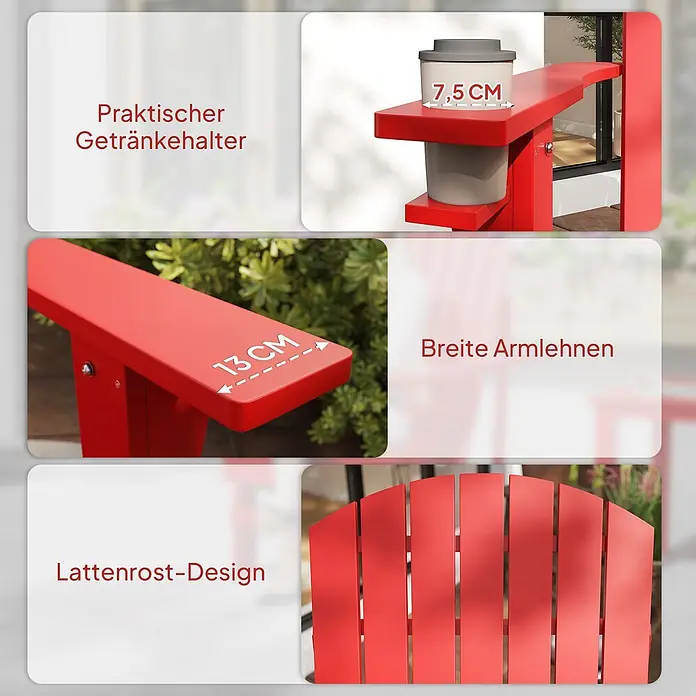 Outsunny Gartenstuhl Adirondack - 1 Stk., Tannenholz, Rot - Roter Adirondack-Gartenstuhl mit praktischen Merkmalen: 7,5 cm Getränkehalter, 13 cm breite Armlehnen und Lattenrost-Design.