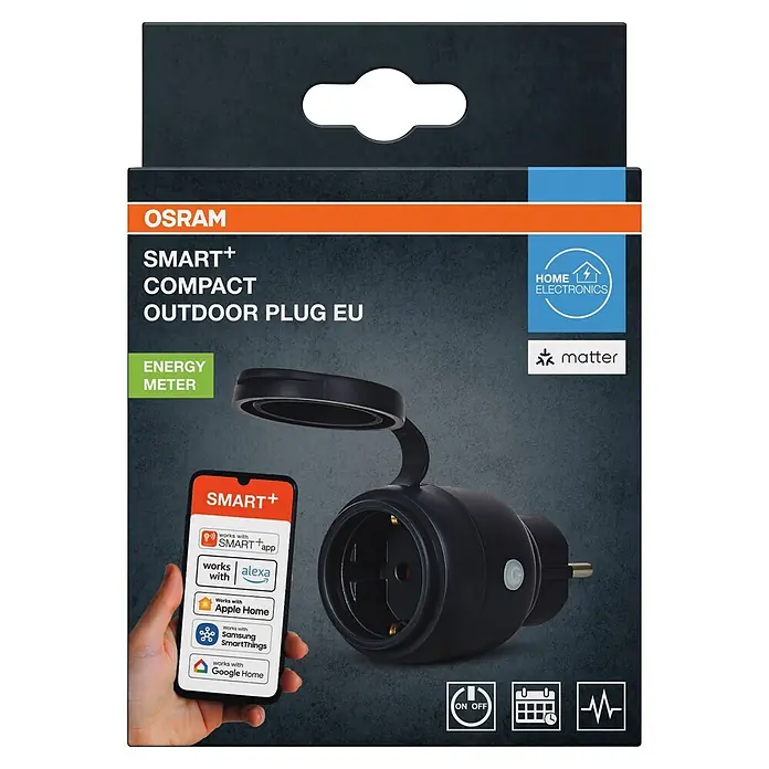 Osram Smart-Steckdose mit Deckel matter - Außen, IP44, Schwarz, 16 A, 1 Stk. - Schwarzer OSRAM SMART+ Outdoor-Smart-Stecker (EU) mit offener Abdeckung, Energiemessung, Matter, kompatibel mit Alexa, Apple Home, Google Home, SmartThings.
