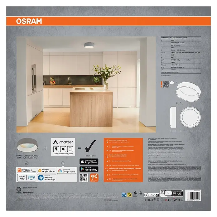 Ledvance Smart+ WiFi LED-Deckenleuchte rund Cylinder - 24 W, Ø x H: 450 x 134 mm, Grau - Graue OSRAM Smart+ Orbis Cylinder Leuchte mit einstellbarem Weiß, Smart-Home-Kompatibilität und Abmessungen.