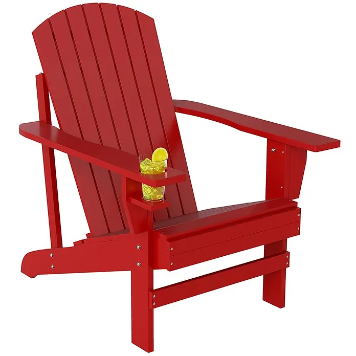 Outsunny Gartenstuhl Adirondack - 1 Stk., Tannenholz, Rot - Roter Adirondack-Stuhl mit integriertem Getränkehalter, der ein Getränk mit Zitronenscheibe und Eis enthält.