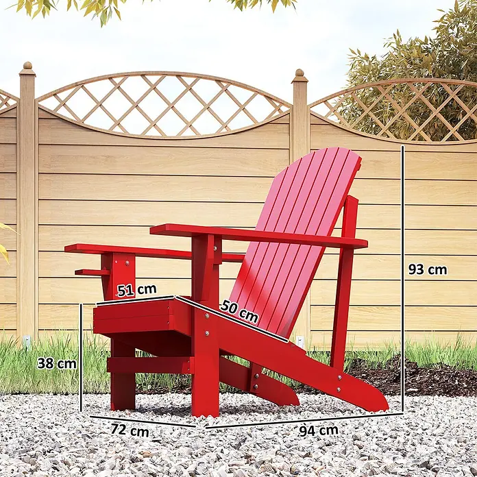 Outsunny Gartenstuhl Adirondack - 1 Stk., Tannenholz, Rot - Roter Holz-Adirondack-Stuhl mit Armlehnen in Gartenumgebung, Maße angezeigt.