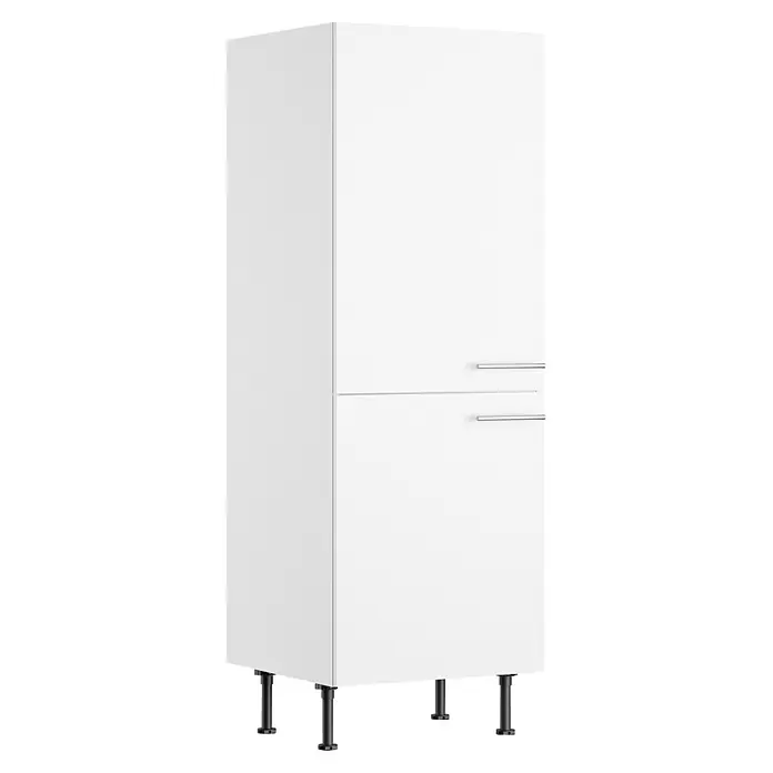 Optifit Optikomfort Küchen-Hochschrank Bengt932 - B x T x H: 60 x 60 x 176,6 cm, Weiß - Weißer hoher Schrank mit zwei Türen, Metallgriffen und schwarzen, verstellbaren Beinen.