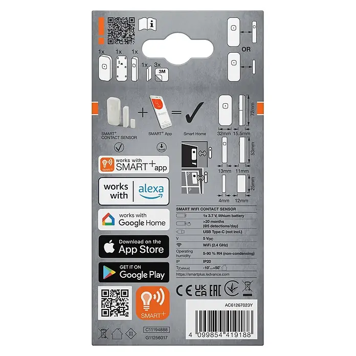 Ledvance Smart+ WiFi Funk-Fensterkontakt - Weiß, 3,1 x 2,4 x 7,2 cm - Verpackung eines smarten WLAN-Kontaktsensors mit Maßen, App-Integrationen (Alexa, Google Home) und technischen Daten.