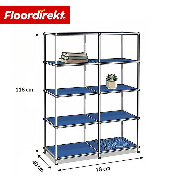 Floordirekt Metallregal Concept Epure MK-015 Blau - H x B x T: 118 x 78 x 40 cm, Anzahl Böden: 5 Stk., Schrauben, Blau - Blau-silbernes modulares Regal mit offenen Fächern zur Aufbewahrung von Büchern und Dekoration.