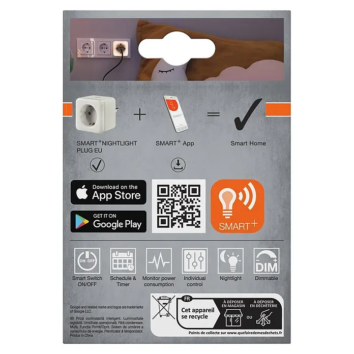Ledvance Smart+ WiFi LED-Nachtlicht - L x B x H: 57 x 84 x 57 mm - Weißer Smart Plug mit integriertem Nachtlicht, in Gebrauch und mit Smart Home App verbunden.
