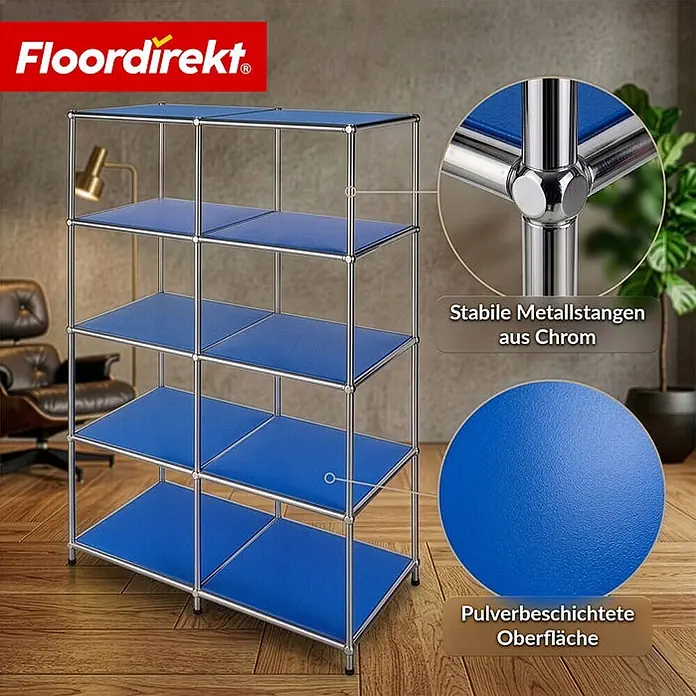 Floordirekt Metallregal Concept Epure MK-015 Blau - H x B x T: 118 x 78 x 40 cm, Anzahl Böden: 5 Stk., Schrauben, Blau - Fünfstöckiges, blaues Regal mit Chromrahmen. Verfügt über stabile Metallstangen aus Chrom und pulverbeschichtete blaue Ablagen.